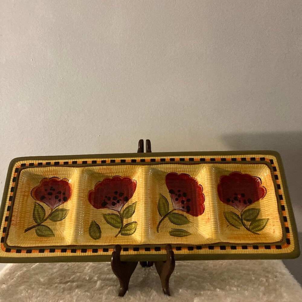 Tabletops Gallery "Lola" Hand Painted (4) Section 18-7/8" Serving Dish